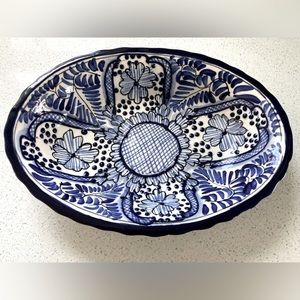 Mexican Handpainted Blue/White Floral Oval Pottery Bowl